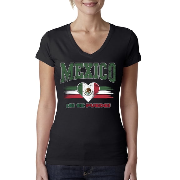 Wild Bobby Mexico Flag Heart Si Se Puede Graphic | Women's Novelty T-Shirt | Soccer Football Fan Game Day Gift for Her Women Junior Fit V-Neck Tee