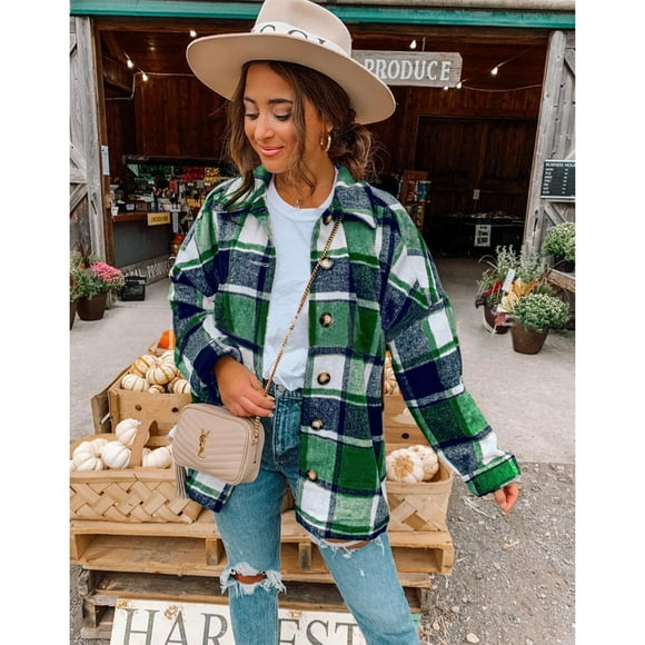 U.Vomade New Women's Temperament Commuter Fashion All-Match Long-Sleeved Lapel Loose Women's Plaid Shirt Mid-Length Coat