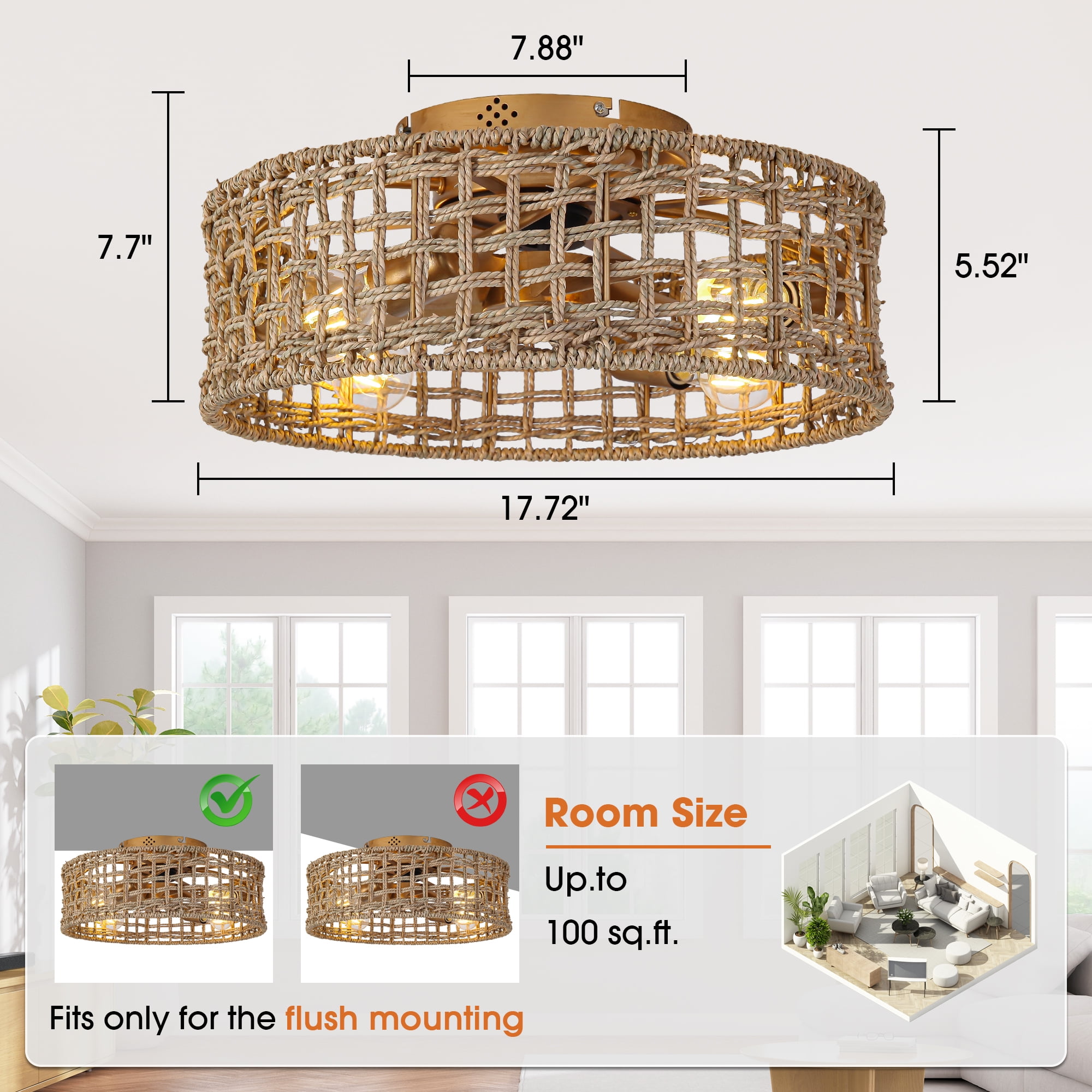 Parrot Uncle Bohemia 18" Brown Straw-Rope 4-Light Flush Mount Ceiling Fan with Remote and APP Control