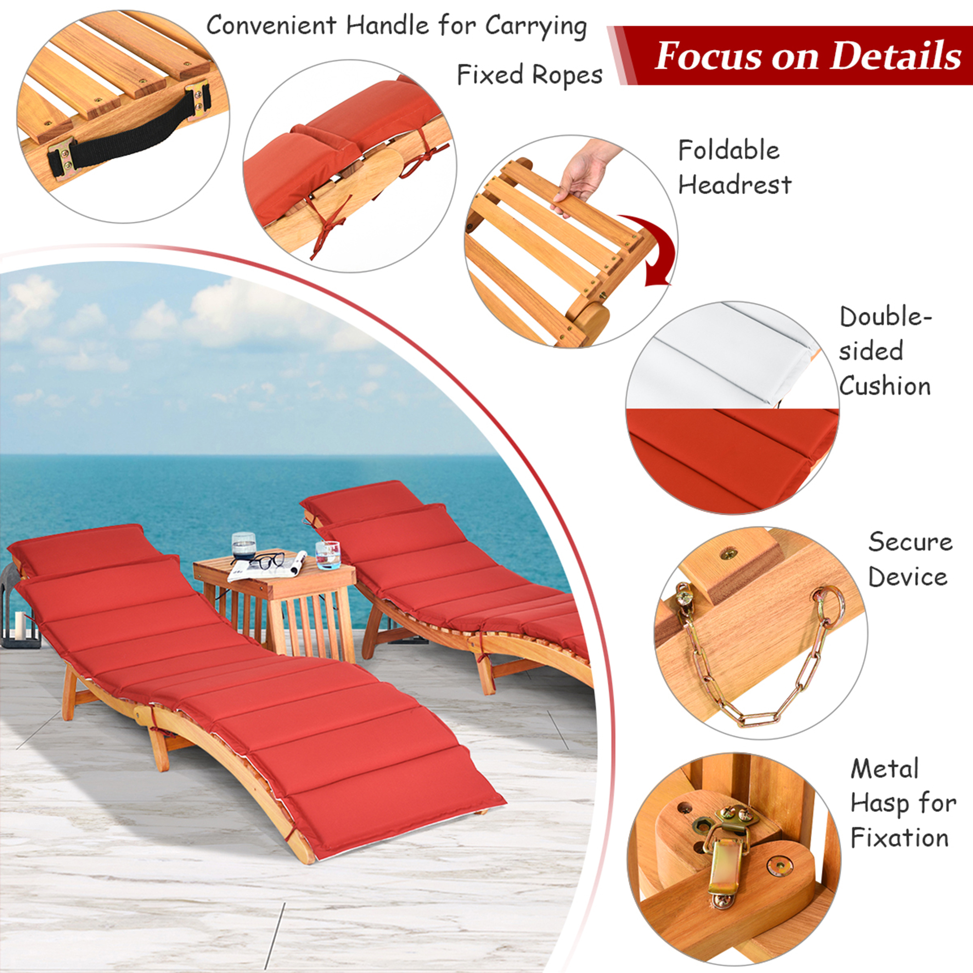 Costway 3PCS Wooden Folding Lounge Chair Set Cushion Pad Pool Deck - image 10 of 10