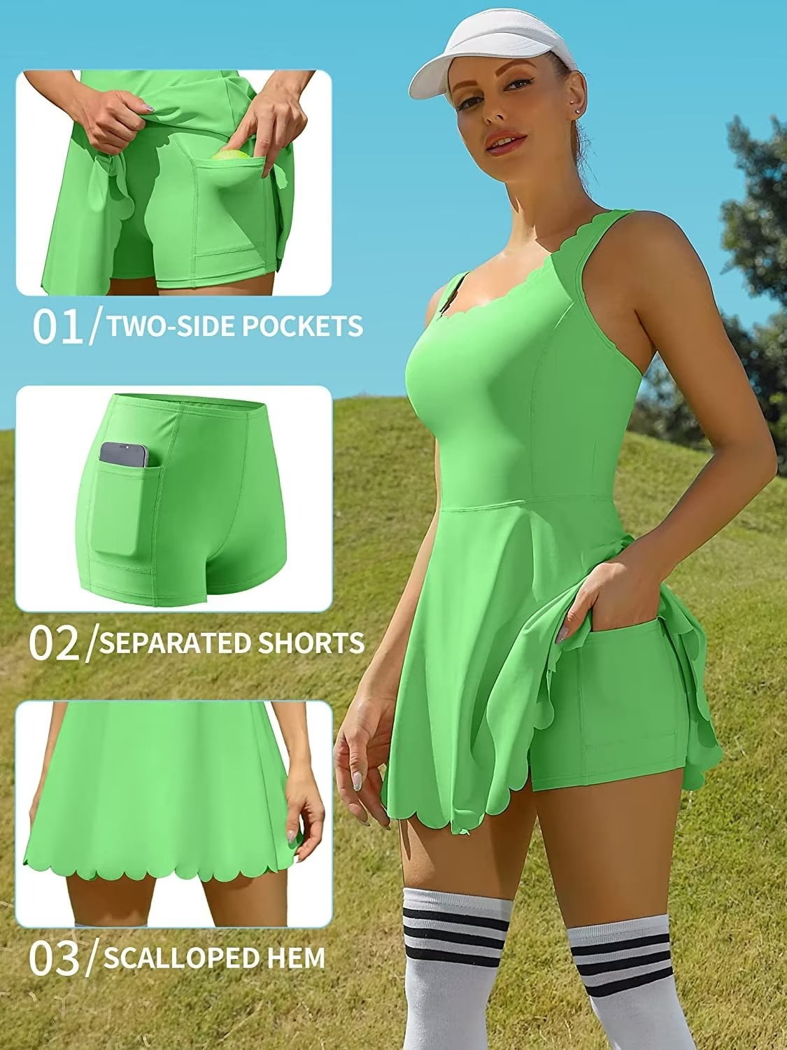 Charmo Womens Scallped Trim Tennise Dress Workout Athletic Golf Dresses with Shorts and Pockets