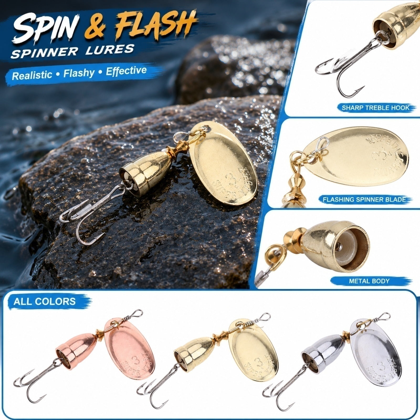 Gold Fishing Lure with Rotating Blade for Bass Trout and Predatory Fish - Shimmering Flash Action Lifelike Vibration Easy Casting in Lakes Rivers and Coastal Waters