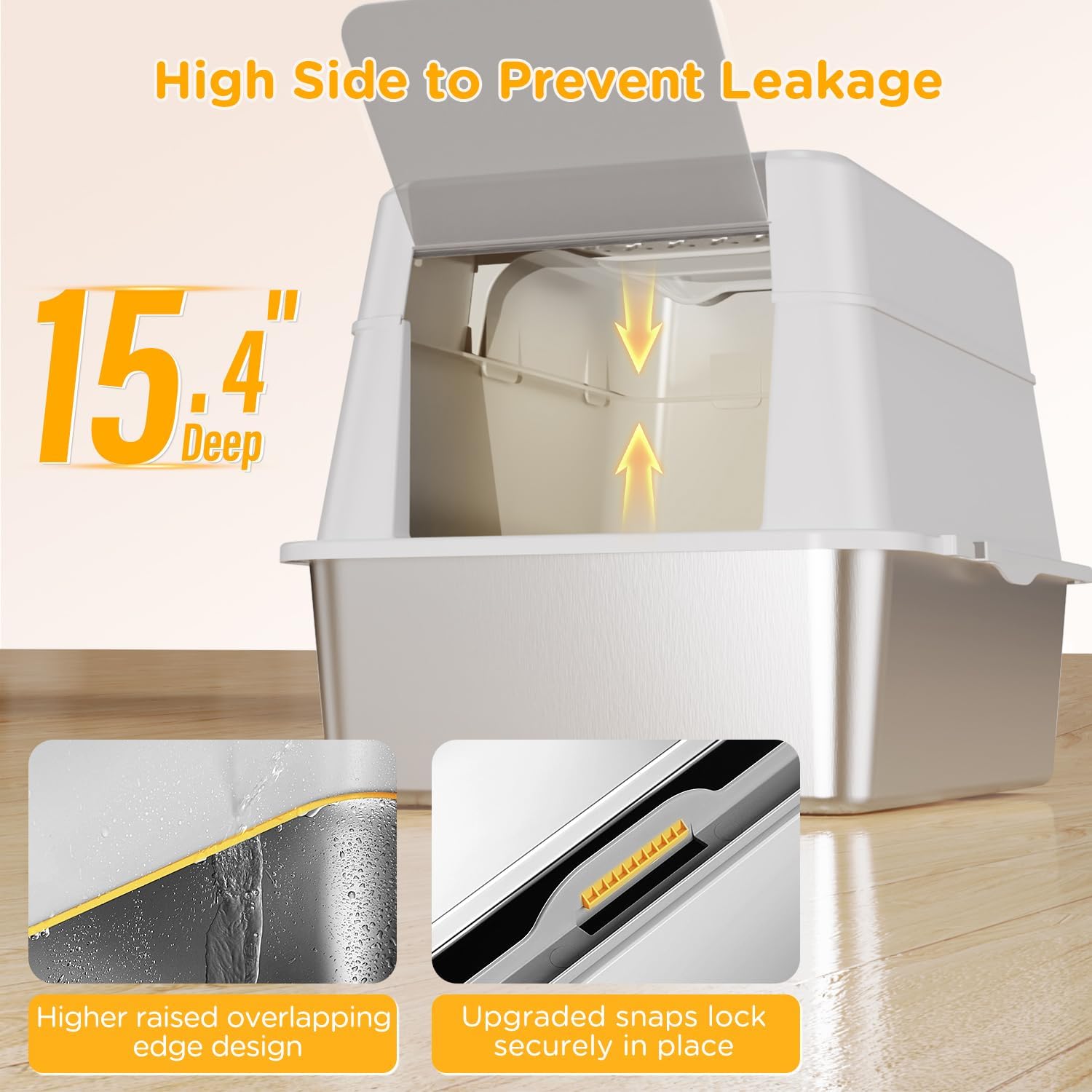 Stainless Steel Litter Box with Lid, XL Closed Metal Litter Box Modular Design with Flip Lid Fits All Cats, Extra Large Covered High Sided Cat Box, Scoop, Non-Sticky, Easy Cleaning (White)