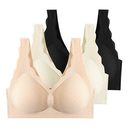 

Sksloeg Bra Seamless Full Coverage Underwire Bras Ribbed Print lifting Deep Cup Bra for Heavy Breast pack Of 3 Complexion M