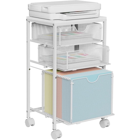 Rolling File Cart with 3 Storage Drawers, Under Desk Hanging File Folder Organizer Cart for Home Office, 11.81"D x 14.8"W x 25.39"H, White