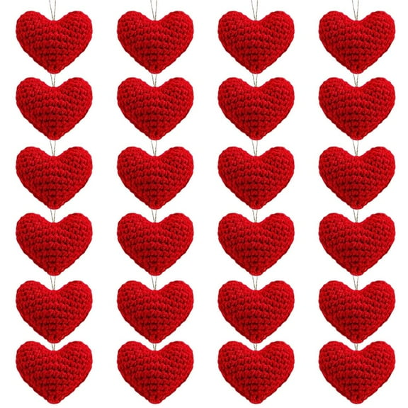 COCEQUC 24 Pcs Valentine's Day Ornaments Knitted Crochet Heart Ornaments Handmade Tree Decoration Heart Bauble Fillers Valentine Gift Ideal for Tree Valentines Wedding Anniversary Party Decor P2D2