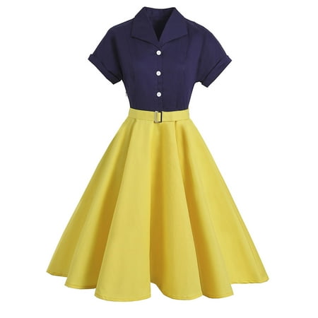

Bigersell Maternity Dress for Photoshoot Women Retro Court Waist-waisted Doll Collar Lace Dress Short Sleeve Big Swing Mid-length Dress Women s Plus Faux-Wrap Dresses Style 5662 Yellow XXL