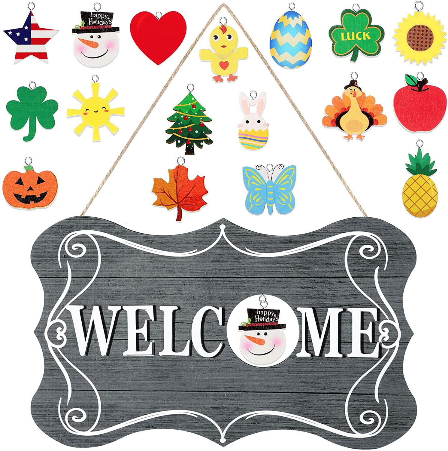 Welcome Hanging Sign with Interchangeable Holiday Pieces Front Door Garden Decor