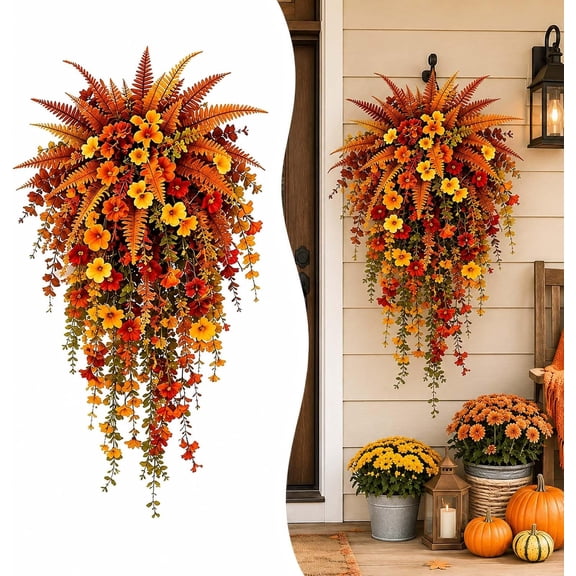 Clearance Artificial Fall Harvest Hanging Basket - Autumn Porch & Door Decoration, Real Looking Artificial Flowers, Uv Resistant & Waterproof, for Garden Porch Window Box Home Wedding Decor
