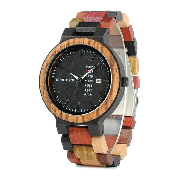 BOBOBIRD BOBOBIRD Wooden Quartz Watch for Men with Buckle Clasp, 44mm Case, 23mm Band, Includes Lockable Square Wooden Box and Protective Packaging