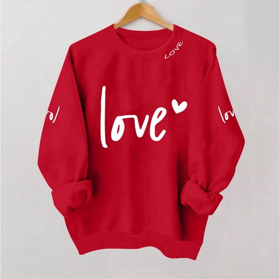 Kilaqueen Valentines Day Sweatshirt for Women Casual Plus Size Love Letter Long Sleeve Shirts Heart Grahic Valentines Gifts Round Neck Baggy Blouse Tops