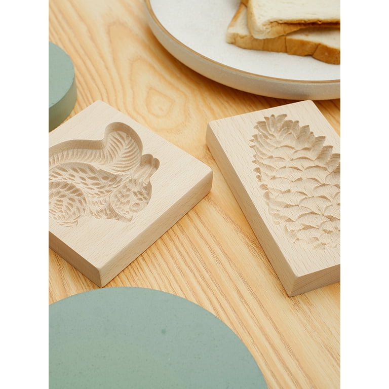Kyoffiie 2 Pack Wooden Cookie Molds for Baking Kitchen Biscuit Cutter Set 3D Carved Gingerbread Cookie Stamps DIY Shapes Biscuit Press Stamp Molds for