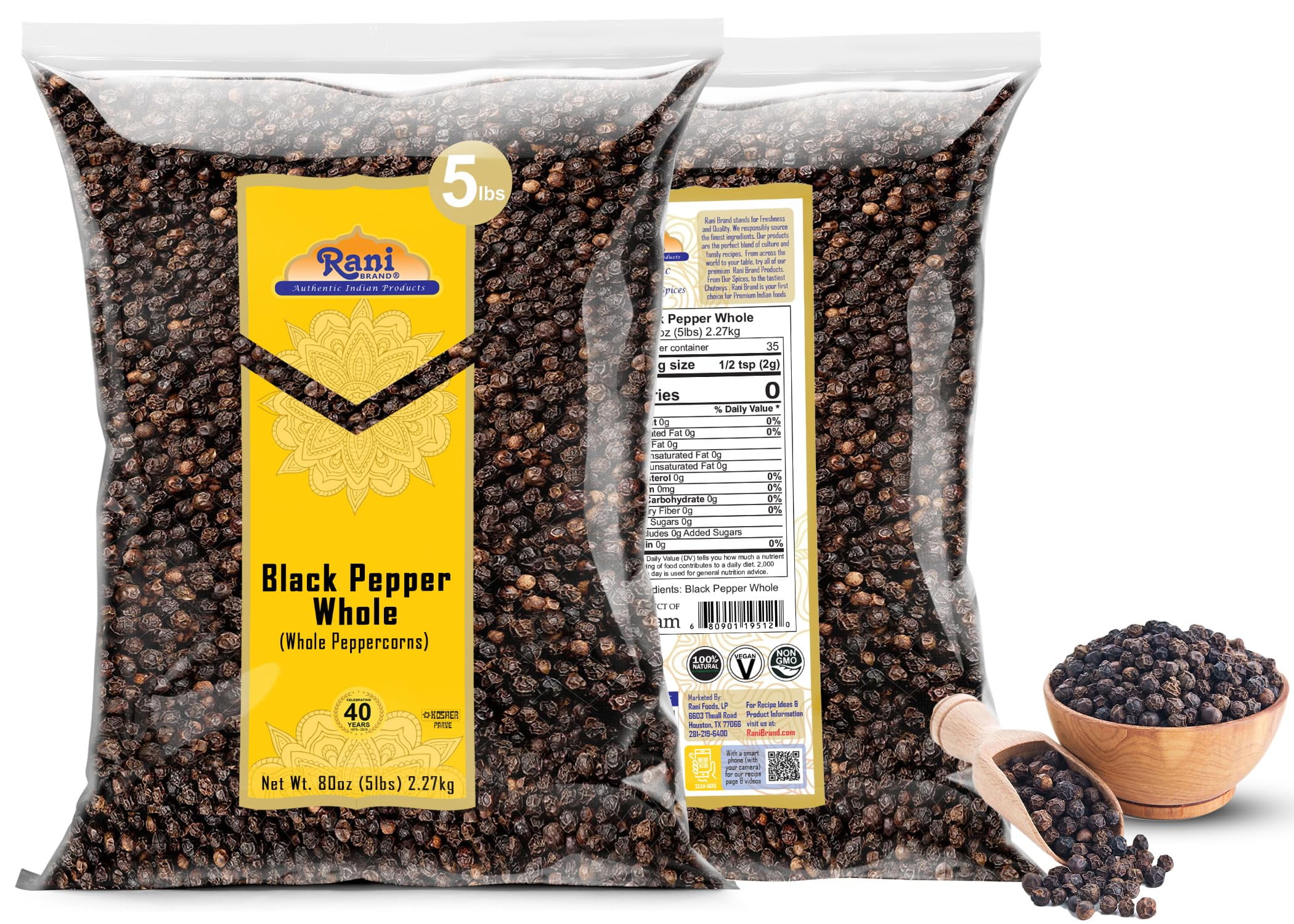 Rani Black Pepper Whole (Peppercorns), MG-1 Grade, 80oz (5lbs) 2.27kg Bulk ~ All Natural | Gluten Friendly | Non-GMO | Kosher | Perfect size for Grinders!