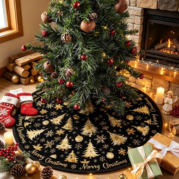 Talqzovs Black And Gold Christmas Tree Skirt , Christmas Decorations Indoor Christmas Tree Base Cover for Merry Christmas Xmas Winter Party