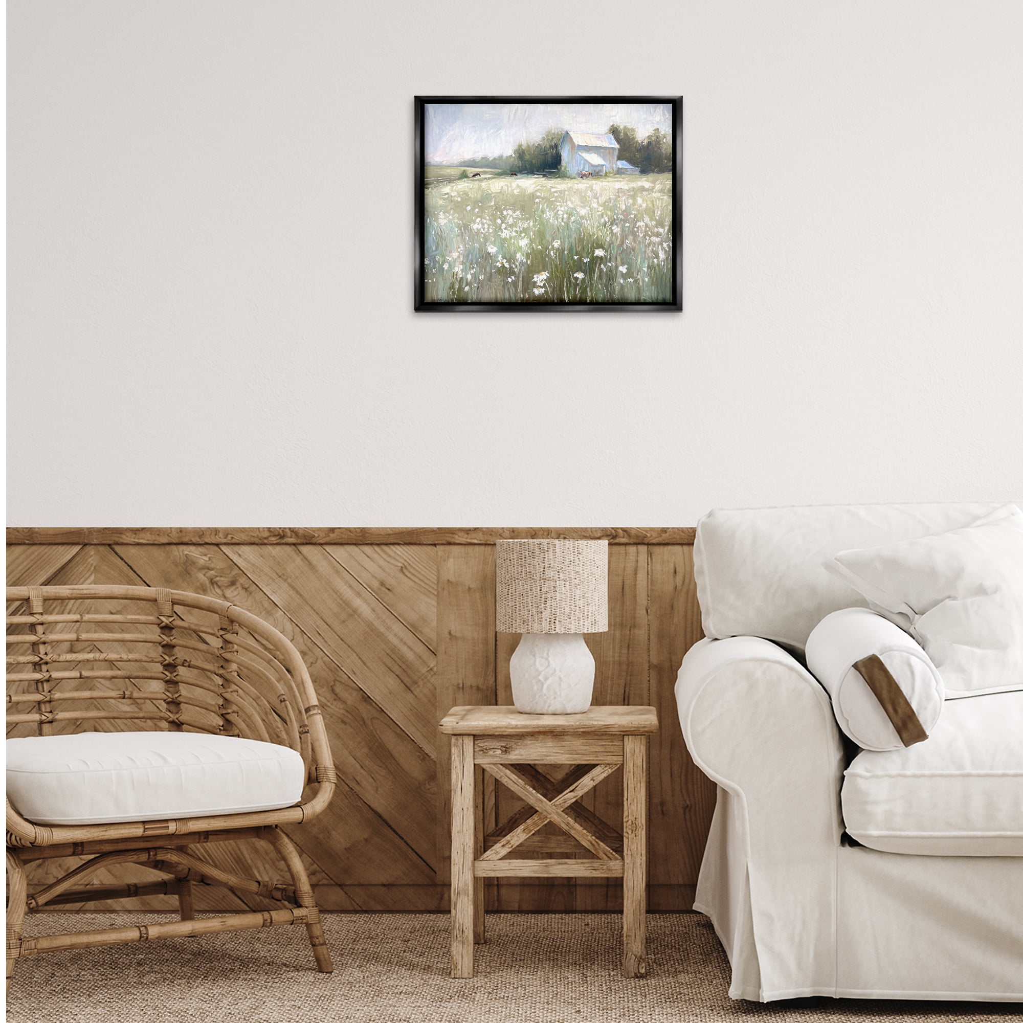 Stupell Industries Peaceful Pasture Meadow Landscape Painting Black Floater Framed Canvas Art Print Wall Art, 21 x 17