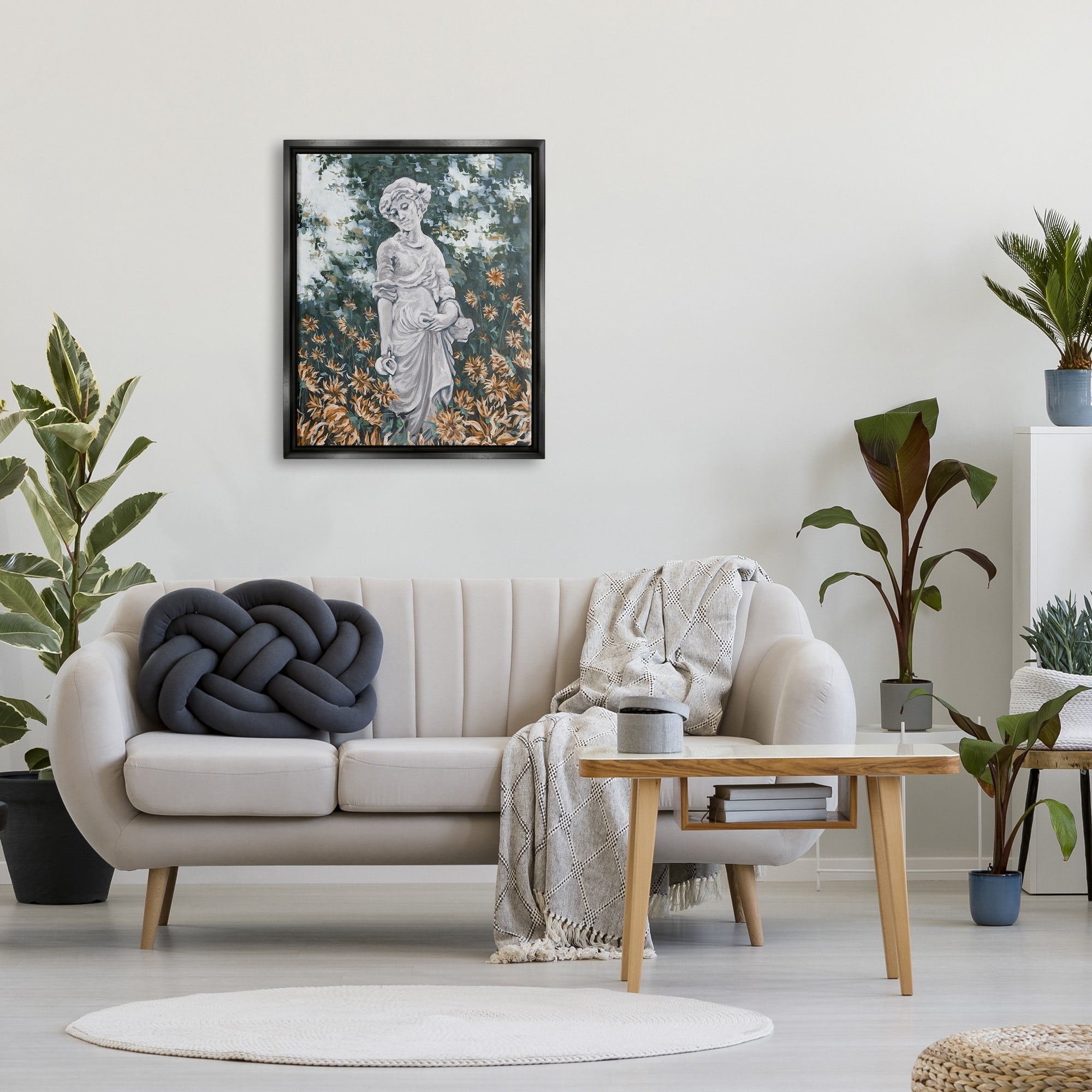 Stupell Industries Graceful Garden Woman Statue Surrounded Flower Blossoms Painting Jet Black Floating Framed Canvas Print Wall Art, Design by Hollihocks Art
