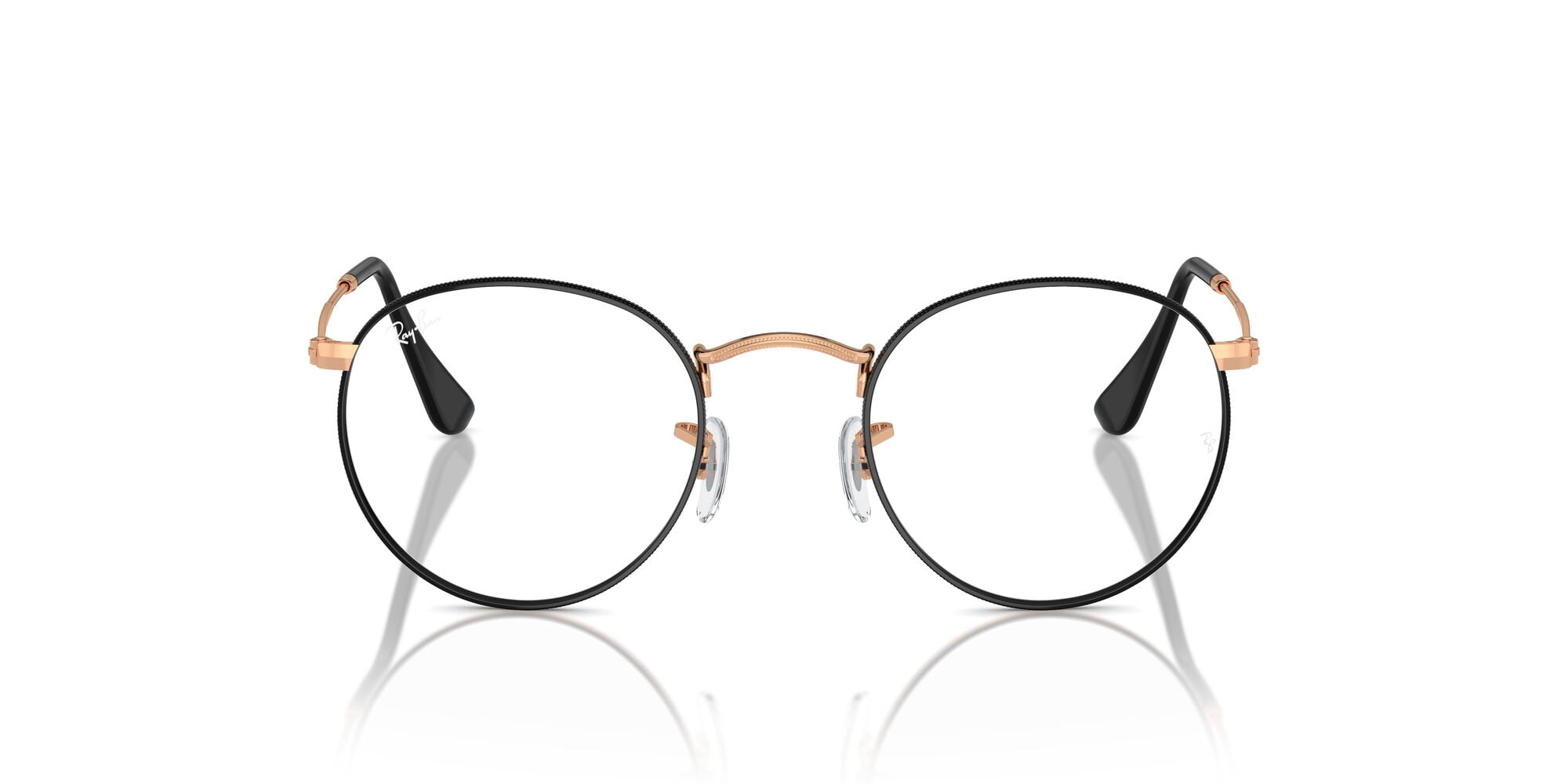 Ray-Ban Unisex Size 50 Round Metal Prescription Eyeglasses, Polished Black on Rose Gold/Demo Lens