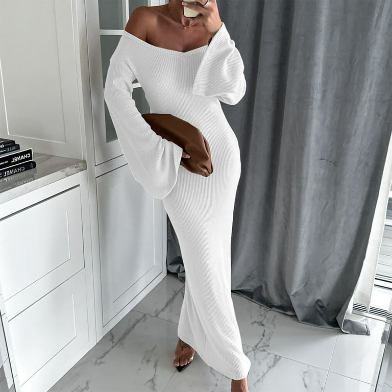 Elainilye Fashion Womens Dresses Sexy Slim Long Sleeve Knitted Long Dress  Utumn and Spring Stripe Bottom Fishtail Dress,White - Walmart.com