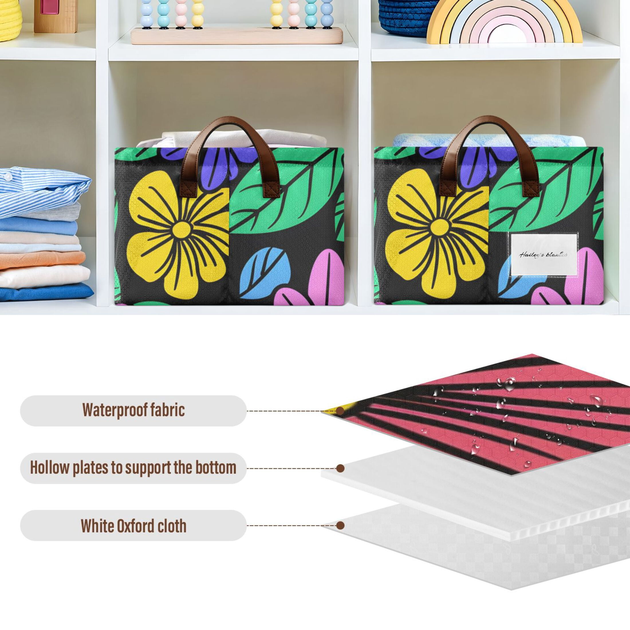 Flowers and Leaves Black Storage Bins with Handles Foldable Storage Baskets for Shelves Organizer Cloth Baskets