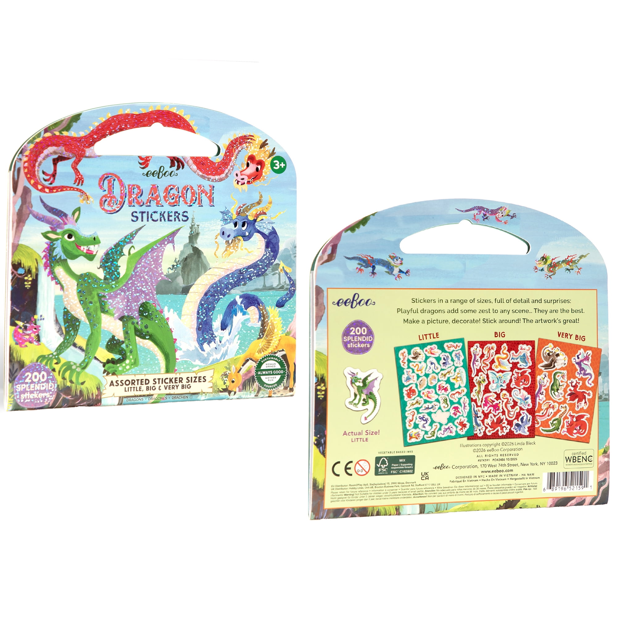 eeBoo: Dragon Shiny Sticker Book - 200+ Sparkling Fantasy Stickers, 3 Sizes: Little-Big-Very Big, Carry Handle, Various Mythical Versions, Kids 3+