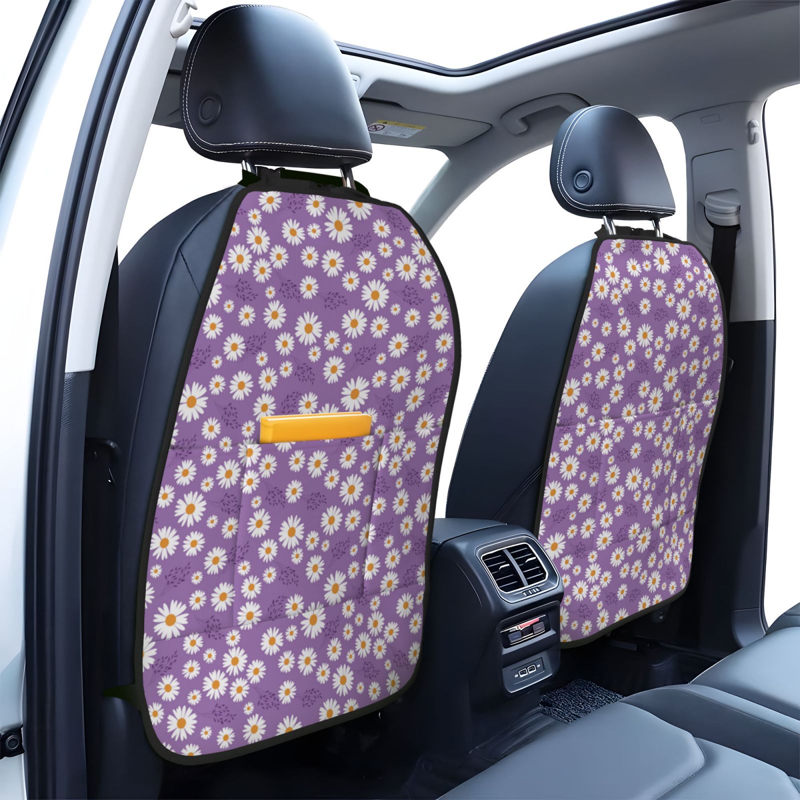 Xecao Daisies Flowers Pattern Car Seat Back Protector 2 Pack Large Capacity Pocket, Kick Mats Back Seat Protector