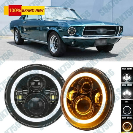 Pair 7 Inch Round Led Headlights Hi/Lo Beam Halo DRL For Ford Mustang 1965-1973