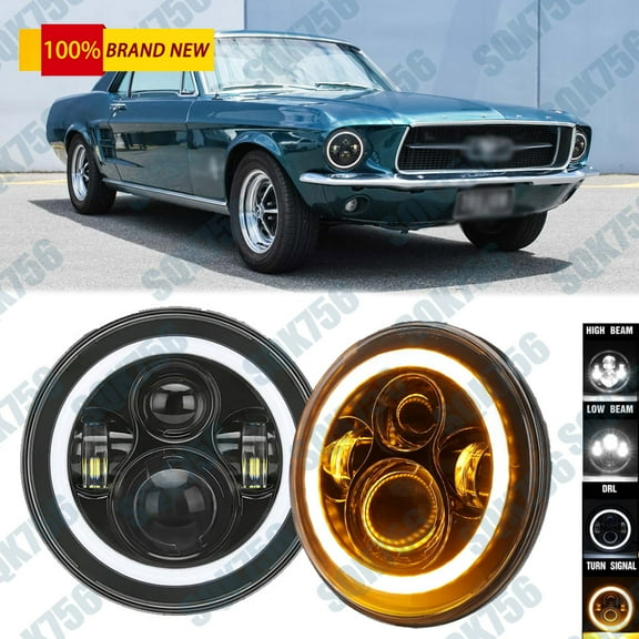 Pair 7 Inch Round Led Headlights Hi/Lo Beam Halo DRL For Ford Mustang 1965-1973