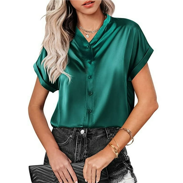 Blusa con cuello en V y manga corta con un solo pecho, color puro, blusa holgada y ajustada para mujer