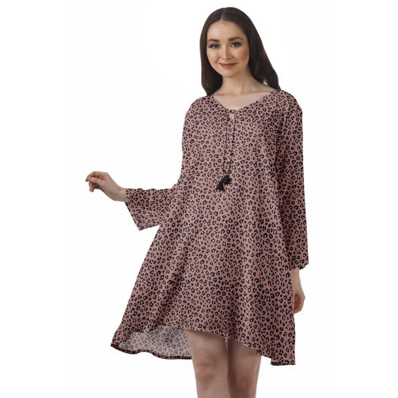 Moomaya Rayon Flared Dress For Womens Long Sleeve Printed V-Neck Casual Beach Dress For Girls