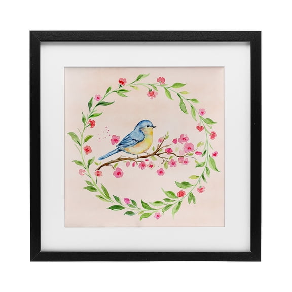 Spring Bird Wreath Perch Black Framed Print Under Glass, design by Elena Fay