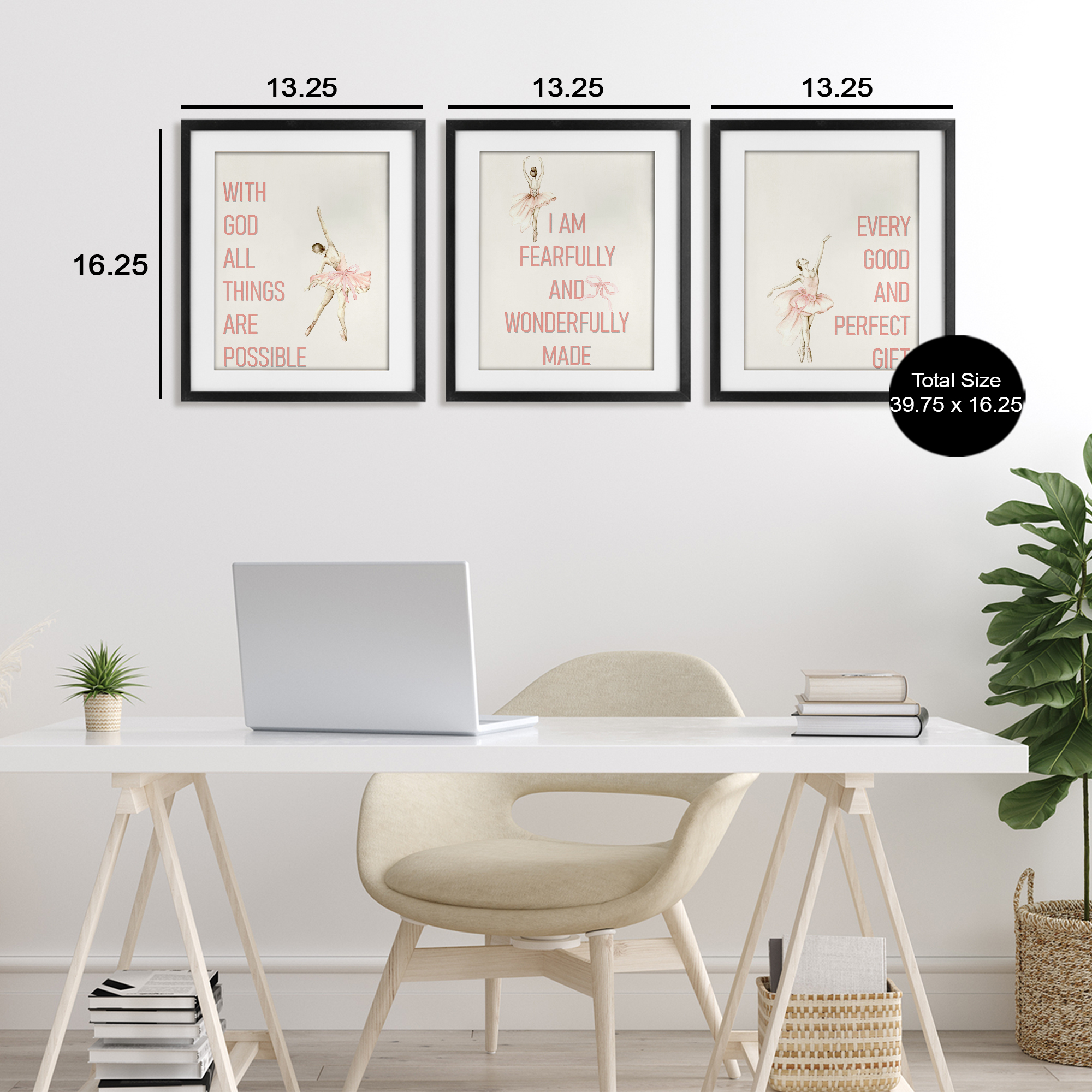 Faith Sentiments with Ballerinas 3 Piece Black Framed Print Under Glass Set, design by Kim Allen