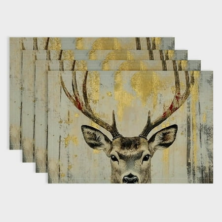

RUIYC 4PCS Deer Antlers Western Meal Linen Placemat Set for Birthday Parties Christmas and Buffets - Home Decoration 18x12in