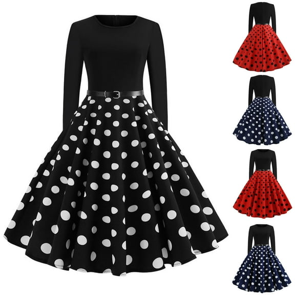 Ashirexll Womens Long Sleeve Dresses, Midi Dresses for Women, Fashion A-Line Flare Vintage Belt Prom Polka Printing