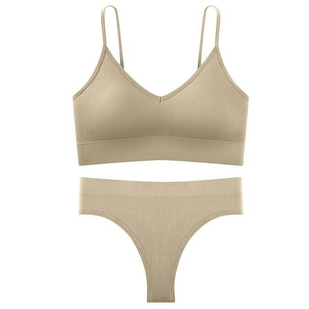 Generic Ladies  Lingerie Set Wire Free Thin Padded Cup U Back Bra With Sexy T-back Thong Solid Color Sports Underwear