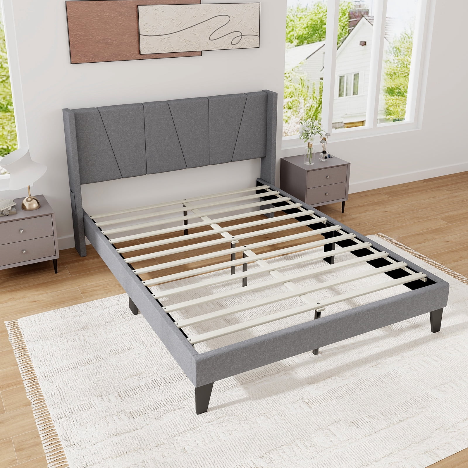 Infans Queen Size Upholstered Bed Frame with Elastic Pockets Mattress Foundation Gray