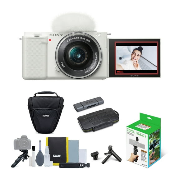 Sony Alpha ZV-E10 APS-C Interchangeable Lens Mirrorless Vlog Camera with 16-50mm Lens (White) Bundle with Sony Creator Accessory Kit II, Holster Camera Case, and Dual Slot SD Card Reader (4 Items)