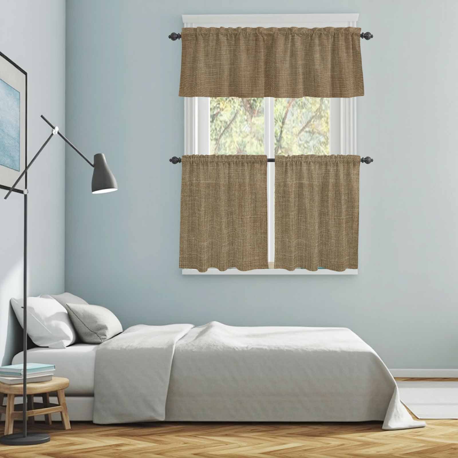 Vintage Brown Kitchen Curtains Sets for Windows 24 Inch Length, Farmhouse Retro Dark Solid Color Linen Texture Rod Pocket Window Treatments Tier Curtains and Valances Set for Bedroom/Bathroom