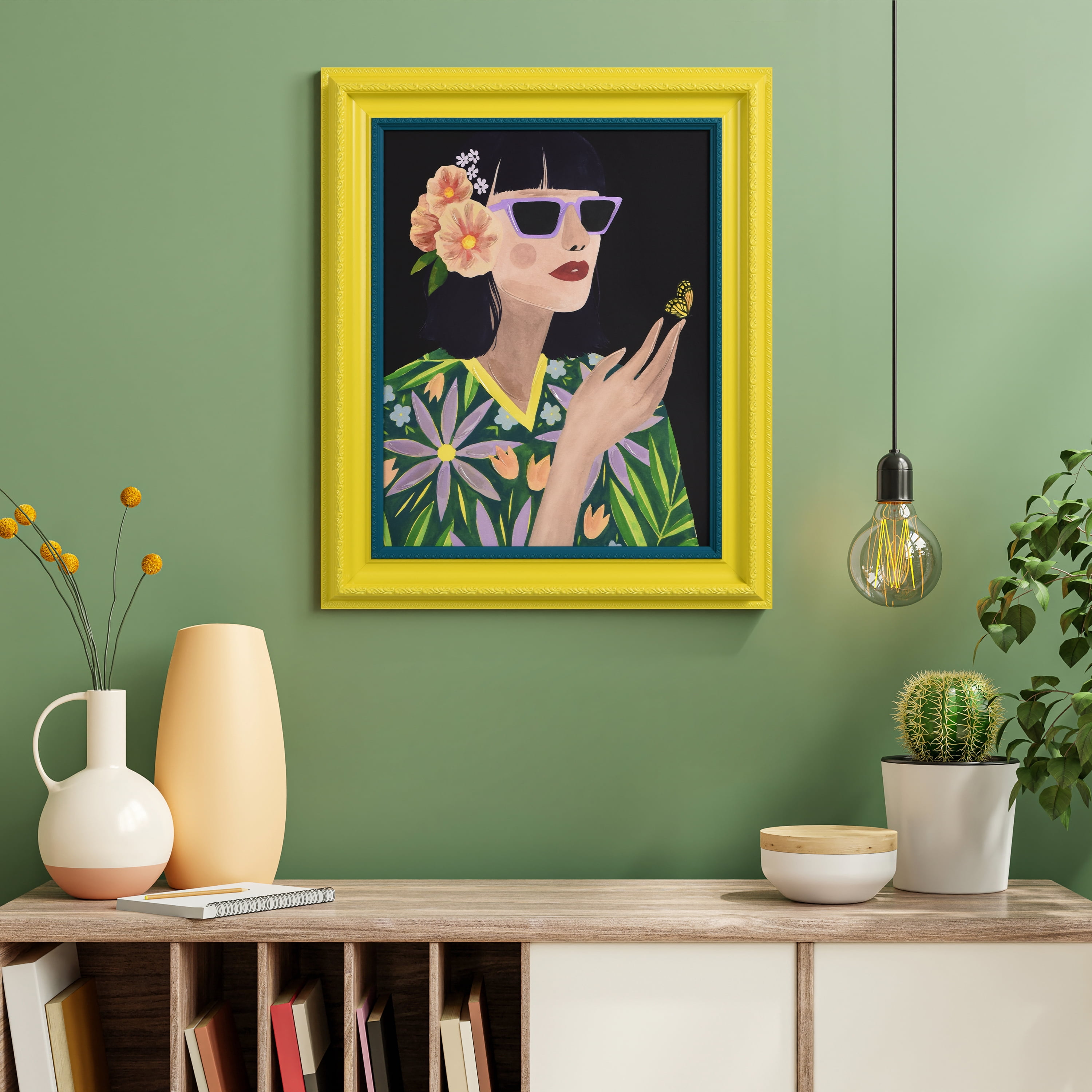 "Floral Female" Chromatic Hand Painted Embellished Giclee Portrait Canvas Wall Art with Baroque Two-Tone Frame