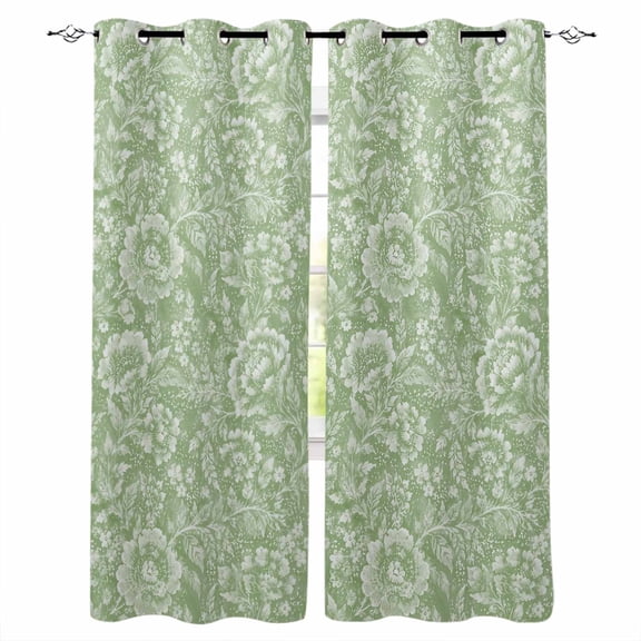 Green Flowers Blackout Curtains Light Blocking Print Window Curtains, Rustic Botanical Floral Leaf Patterned Thermal Insulated Window Drapes for Living Room Kitchen Cafe (2 Panels, 55"W x 39"L)