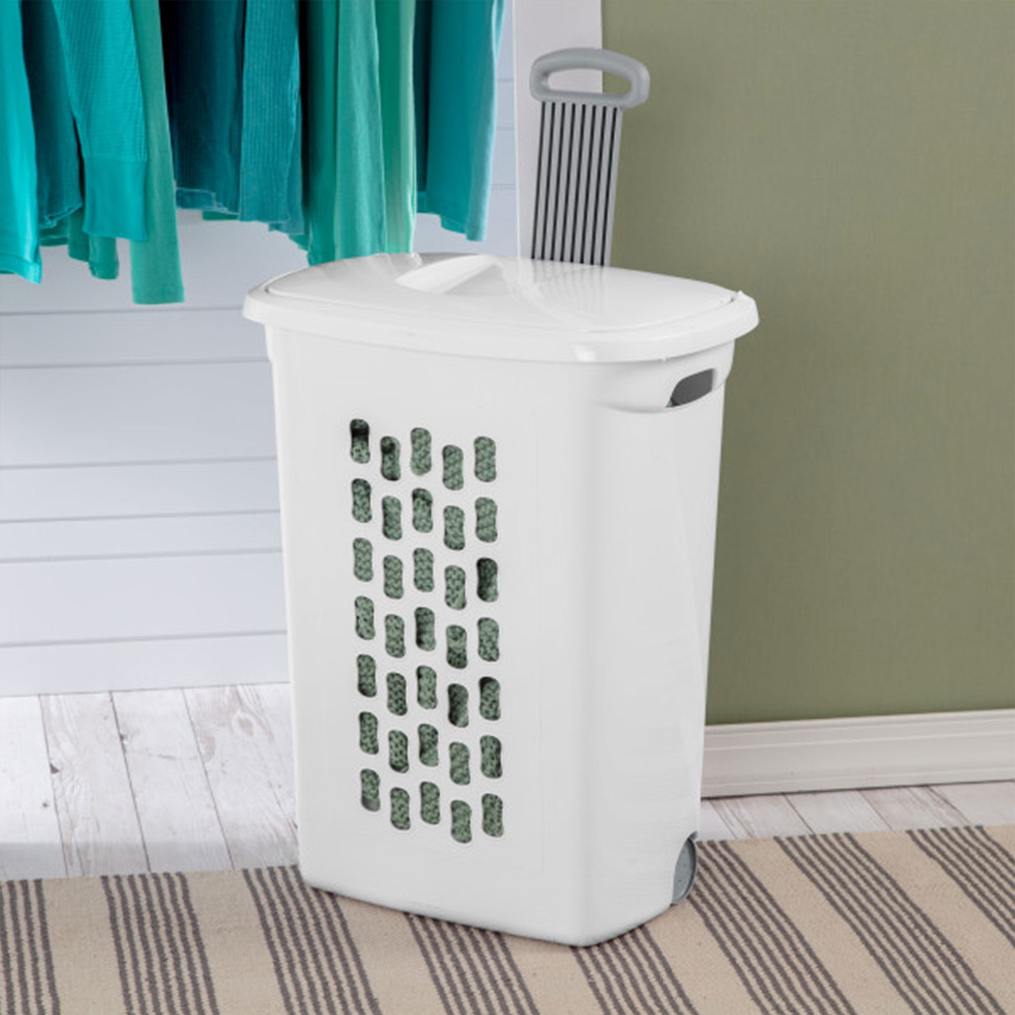 Sterilite White Laundry Hamper w/ Lift-Top, Wheels, & Pull Handle, 9 Pack