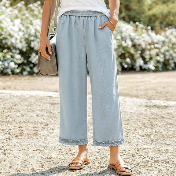 Guieoi Gaucho Pants Palazzo Pants for Women Straight-Leg Elastic-Waist Lace-Trimmed Cropped Loose-fit Flowy Pants Blue XXXXL