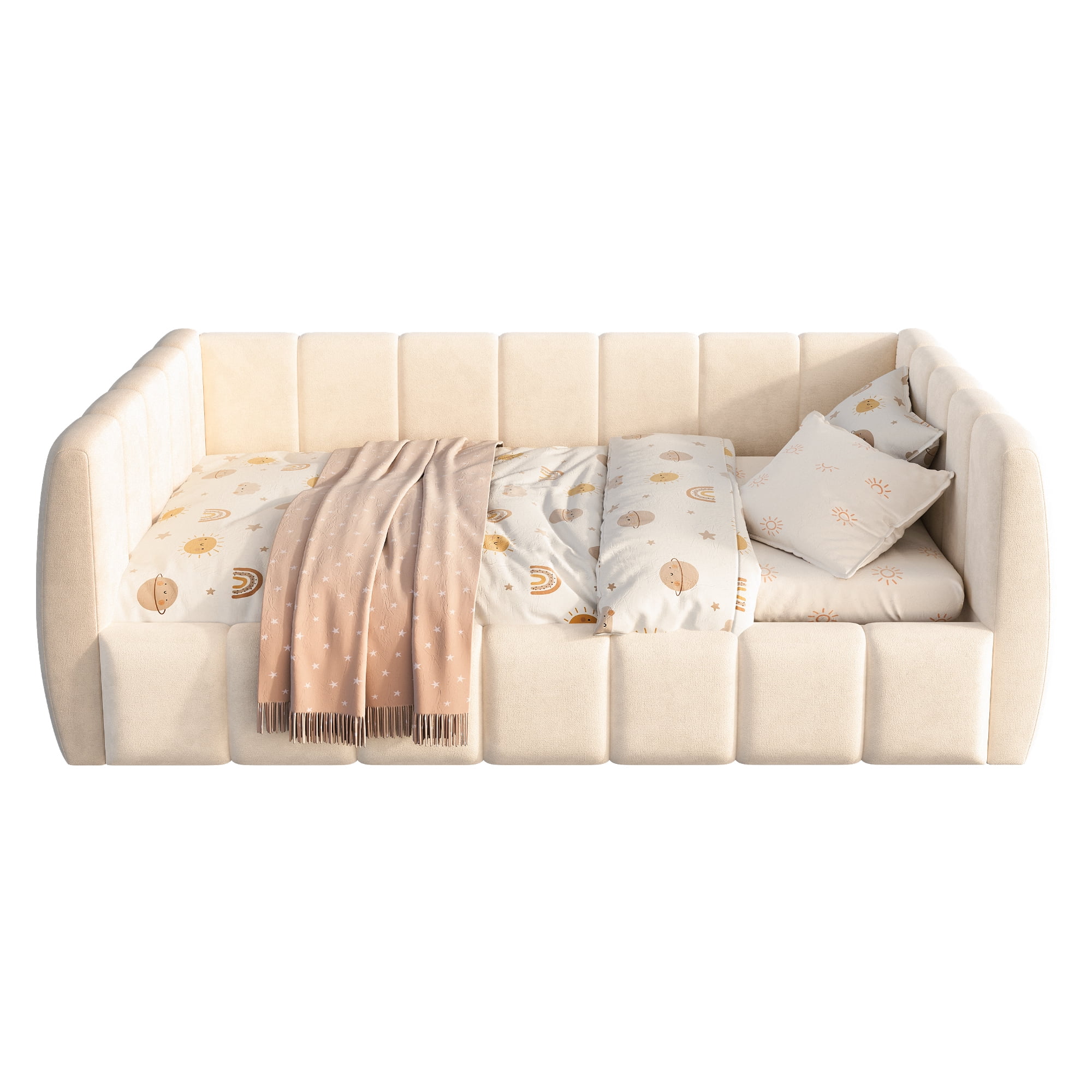 Euroco Upholstery Toddler Floor Bed with Guardrails, Beige
