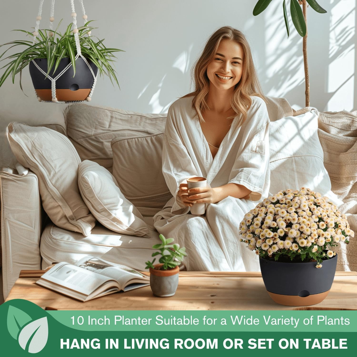Diigabo 2-Pack 10-inch Self-Watering Hanging Planters with Macrame Hanger Indoor Plastic Plant Pots with Drainage Hole&Saucers Flower Baskets for Outdoor Garden Home Ceiling Decor(Black)