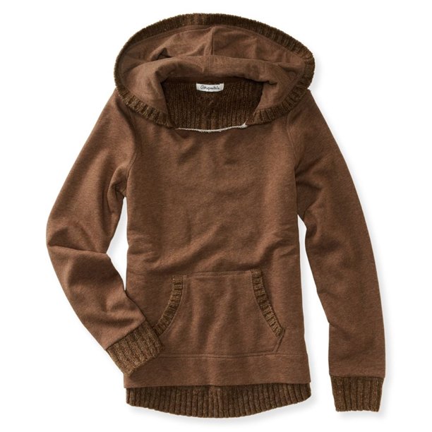 Aeropostale Sudadera con capucha de forro polar híbrido de punto para mujer, marrón, grande Aeropostale Sudadera