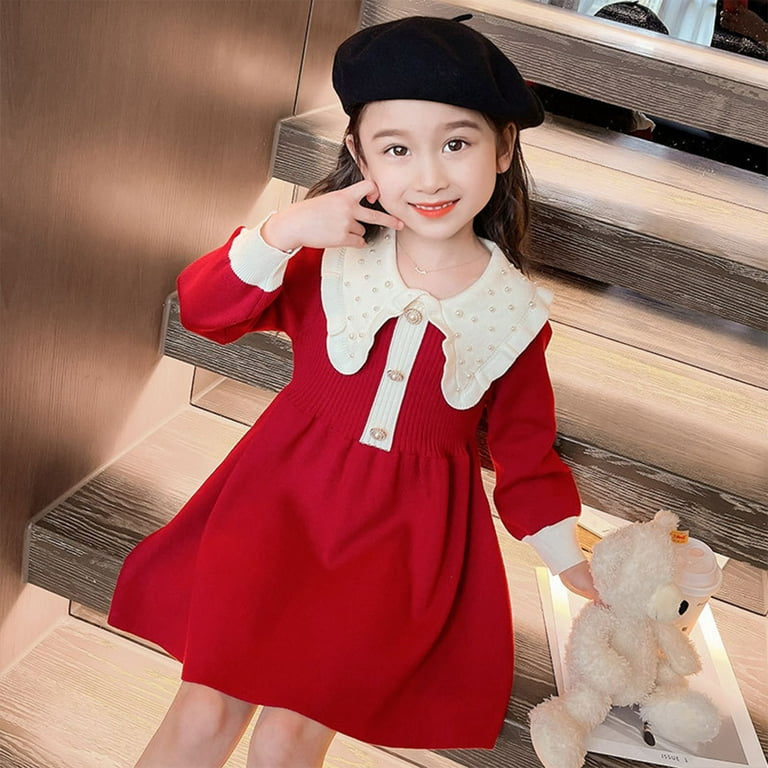 jsaierl Knit Dresses for Girls Cute Pearls Long Sleeve Dress