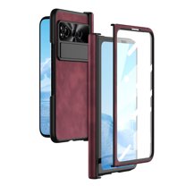 ELEHOLD Leather Case for Google Pixel Fold,Built-in Tempered Glass Screen Protector Invisible Kickstand Hinge Protection Rugged Shockproof Protective Case for Google Pixel Fold,Winered