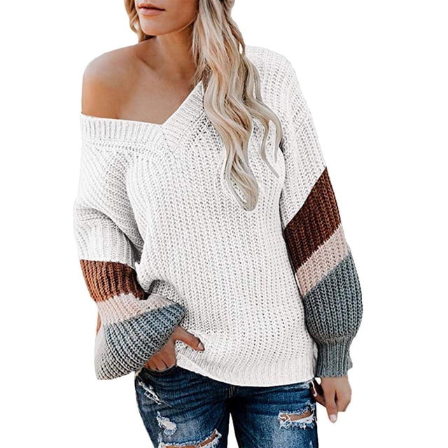 Chandail en Tricot à Blocs de Couleur Rayé, Mode Décontractée pour Femmes, Col en Cœur, Manches Lanterne