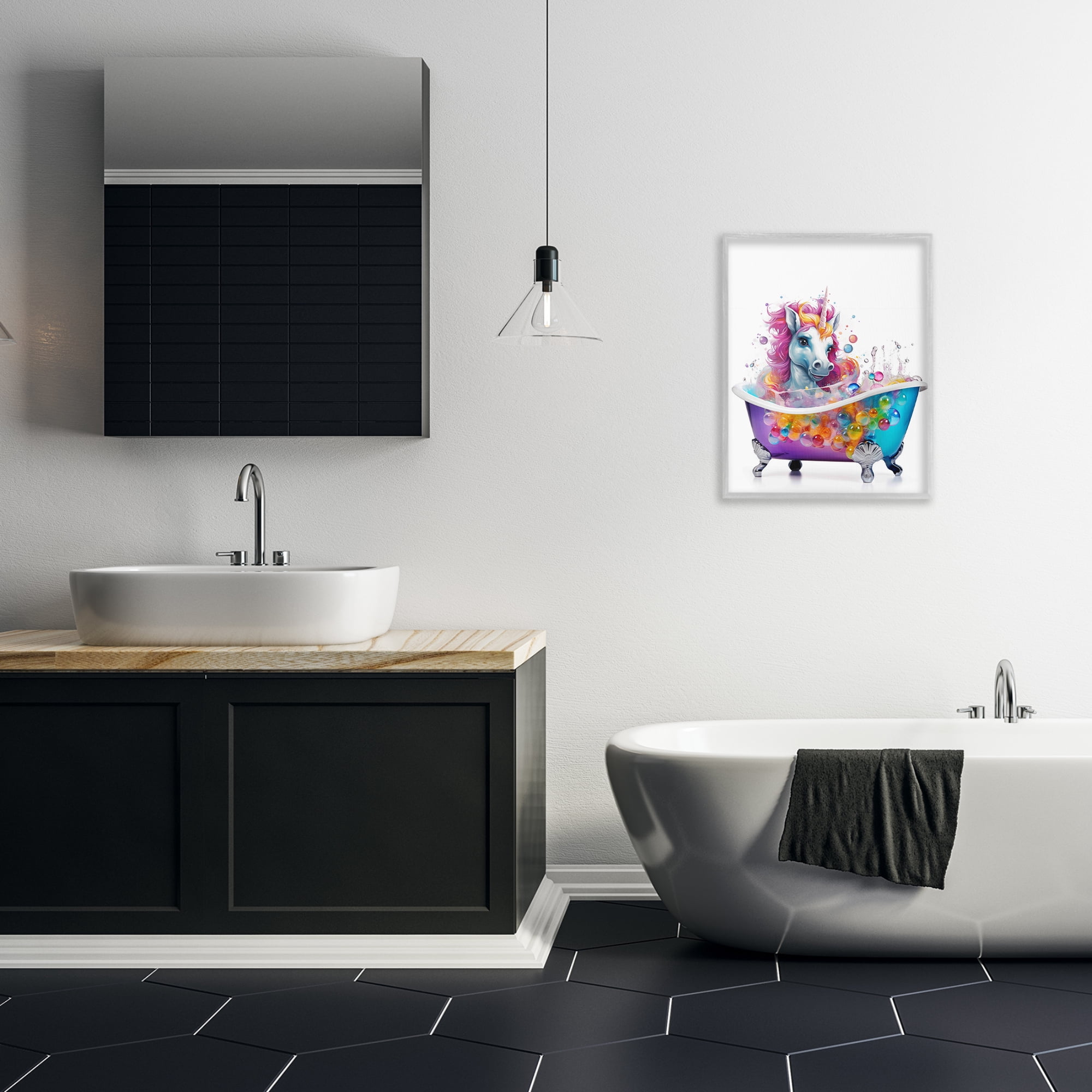 Stupell Industries Rainbow Bubbles Unicorn Typography Painting Gray Framed Art Print Wall Art, 16 x 20