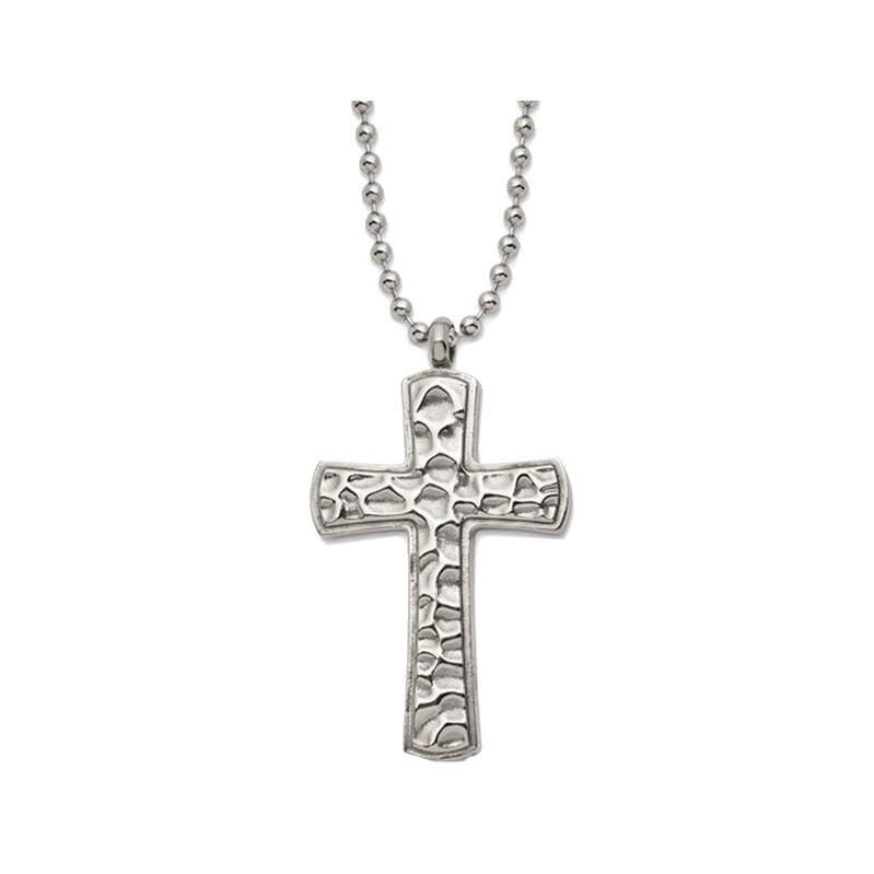 Mens Titanium Hammered Carbon-Fiber Reversible Cross Pendant Necklace with Ball Chain