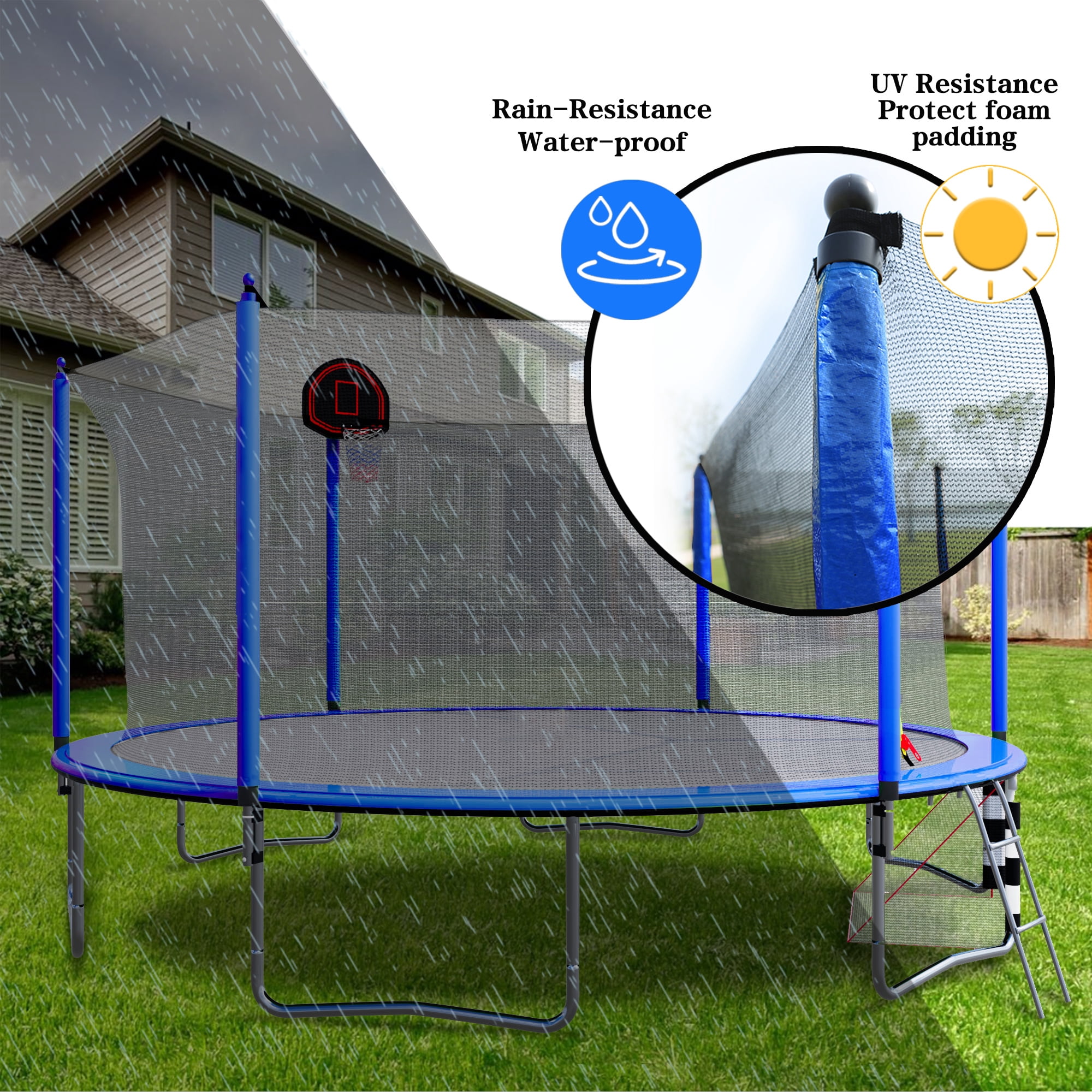 Witaxima 16FT Trampoline with Basketball Hoop, Soccer Goal, Pump & Ladder, Inner Safety Enclosure, Blue - 96 Springs, UV-Resistant, W-Shape Legs